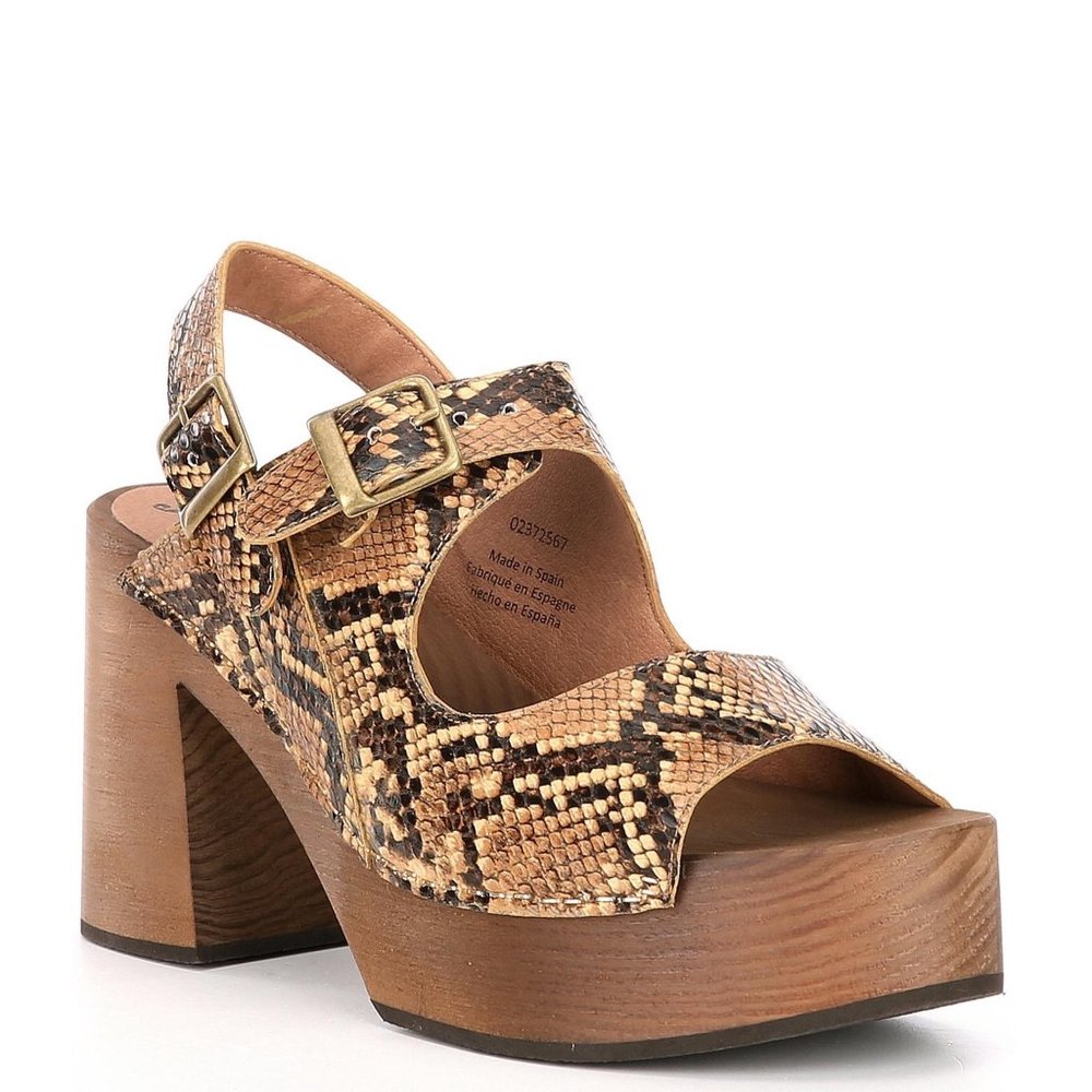 Free People Belem's Clogs Snake Print Brown Wooden Heel Open Toe Size 38 US Sz 8